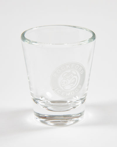 Rockford IceHogs shot glass with white logo - angled lay flat