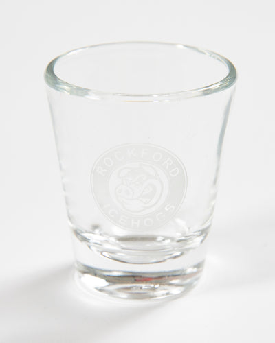 Rockford IceHogs shot glass with white logo - detail lay flat