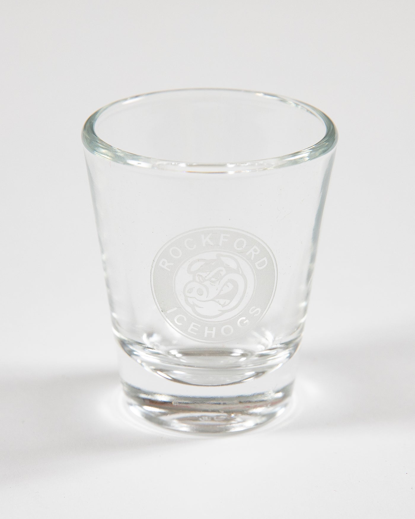Rockford IceHogs shot glass with white logo - front lay flat