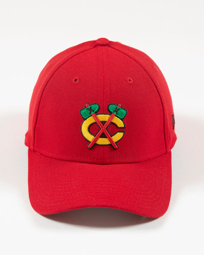 red New Era 39THIRTY flex fit cap with Chicago Blackhawks secondary Tomahawk logo embroidered on front - front lay flat