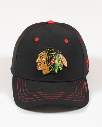 black Fanatics fitted cap with Chicago Blackhawks primary logo embroidered on front with contrasting red stitching - front lay flat