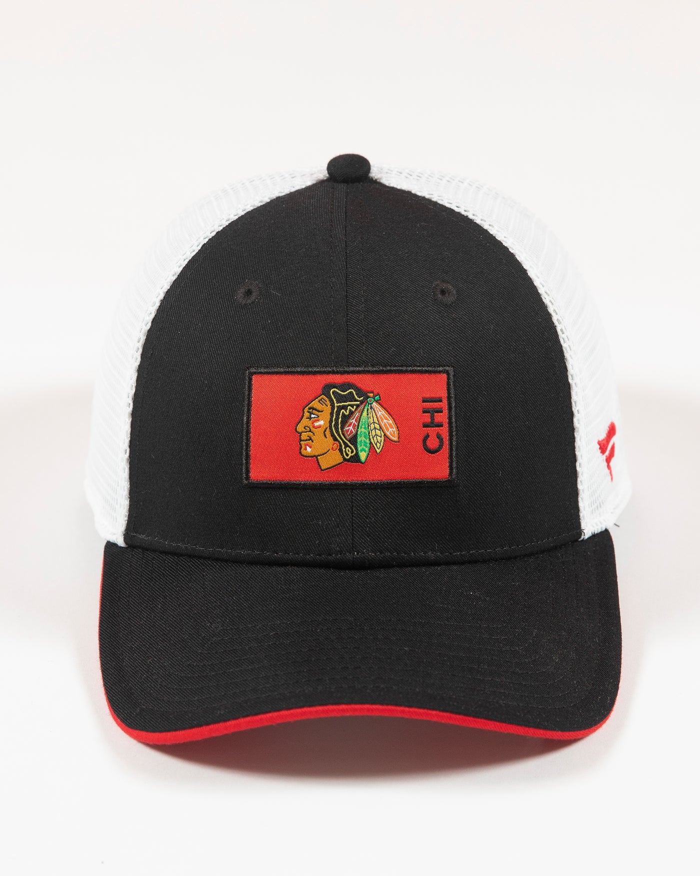 Fanatics two tone mesh trucker with Chicago Blackhawks primary logo patch on front - front lay flat