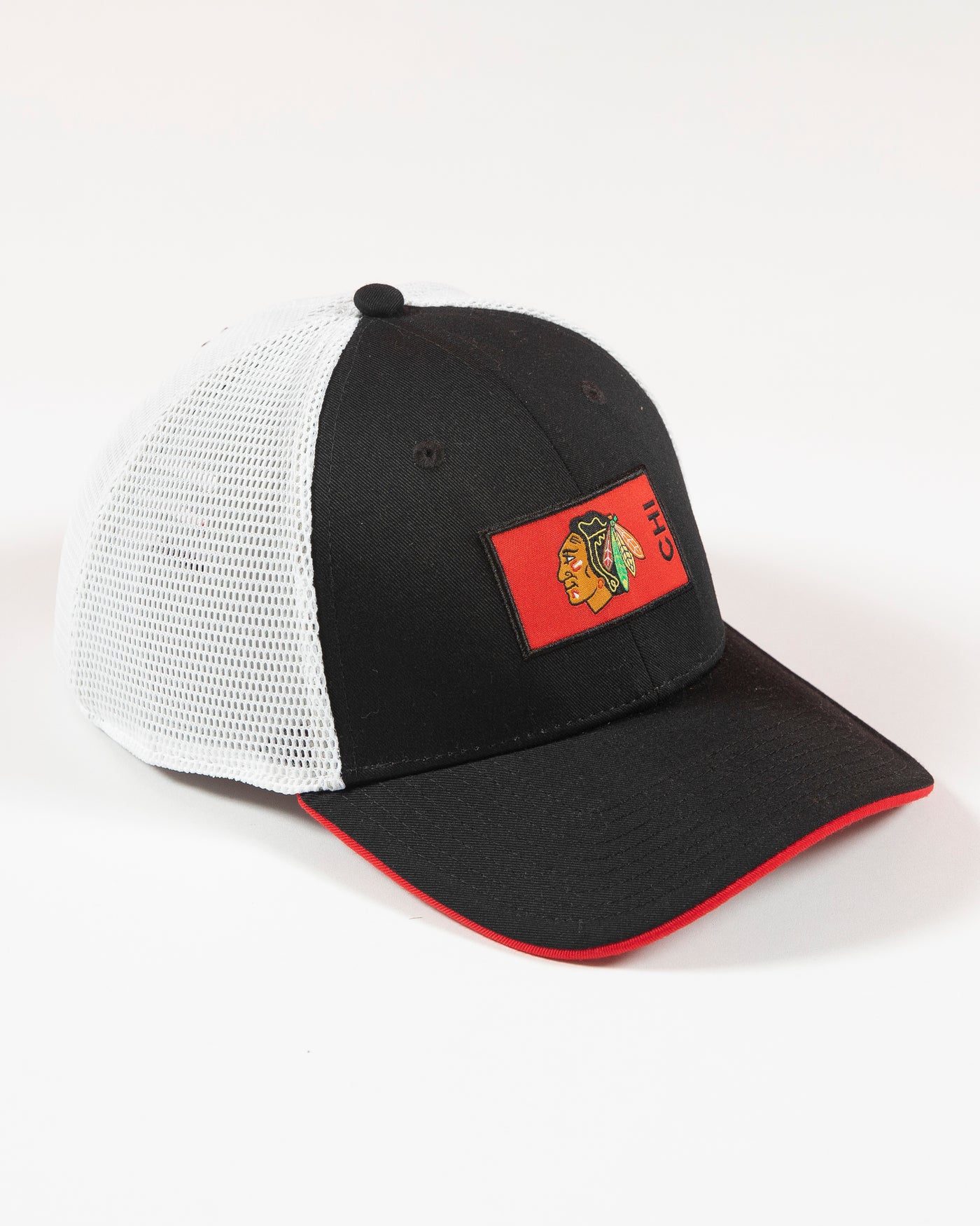 Fanatics two tone mesh trucker with Chicago Blackhawks primary logo patch on front - right angle lay flat