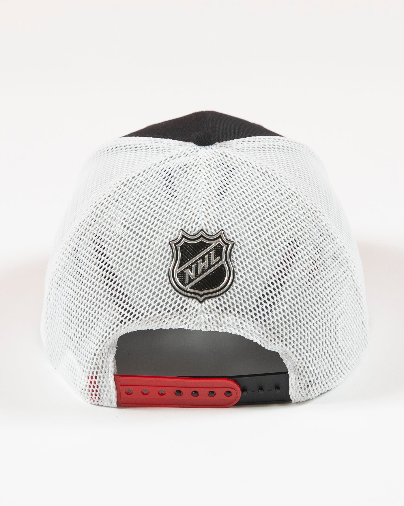 Fanatics two tone mesh trucker with Chicago Blackhawks primary logo patch on front - back lay flat