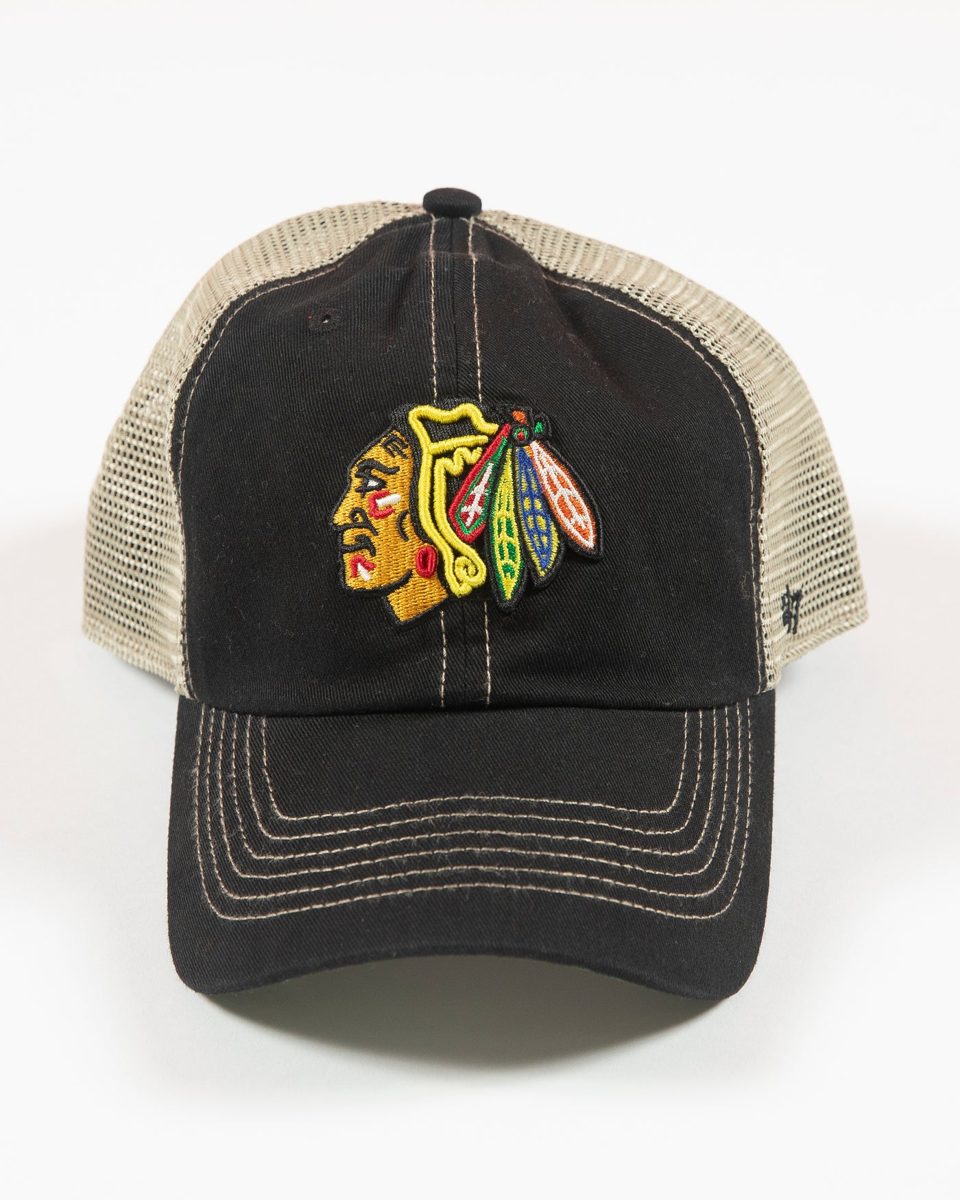 '47 adjustable clean up cap with Chicago Blackhawks primary logo embroidered on front in an all over black and tan colorway - front lay flat