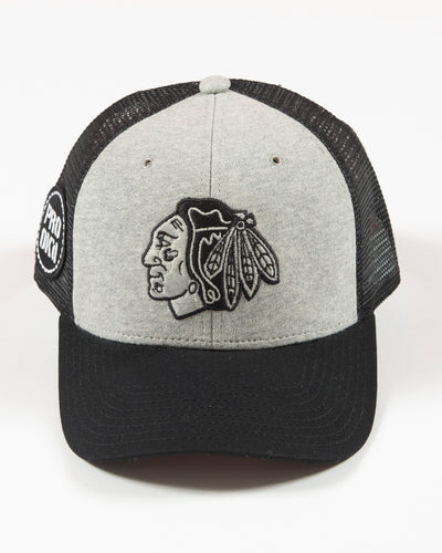 Grey CCM trucker cap with Chicago Blackhawks primary logo embroidered on front - front lay flat