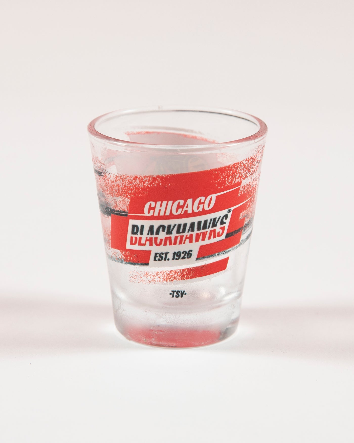 Chicago Blackhawks branded shot glass with primary logo - back angle