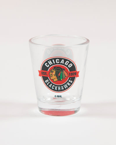 Chicago Blackhawks branded shot glass - front angle