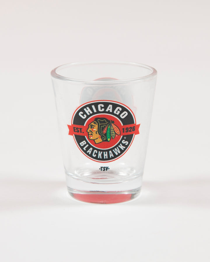 Chicago Blackhawks branded shot glass - back angle