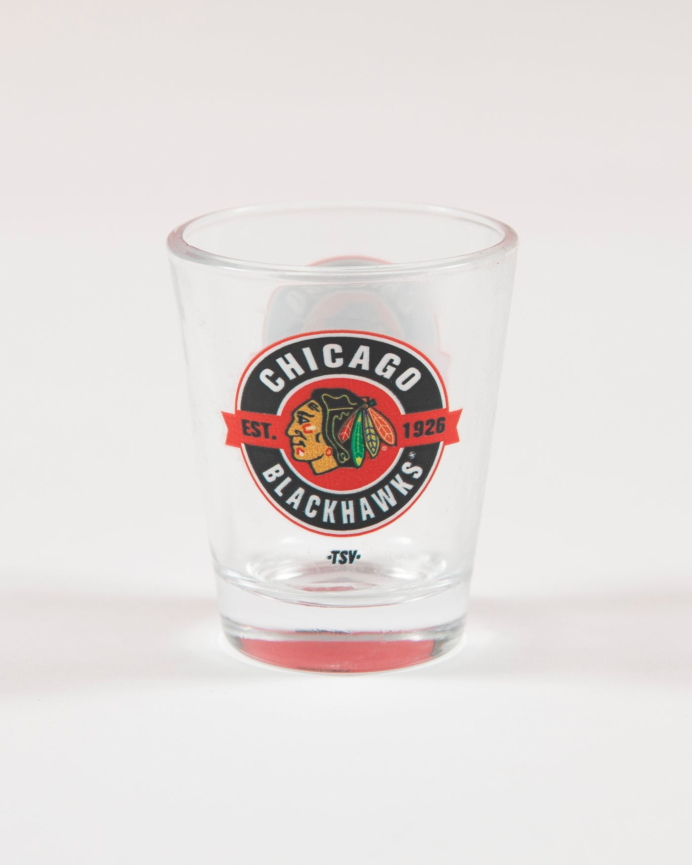 Chicago Blackhawks branded shot glass - back angle