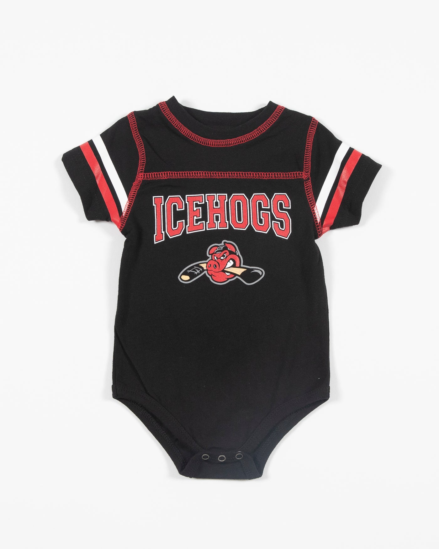 black and red Rockford IceHogs onesie and bib set - onesie front lay flat