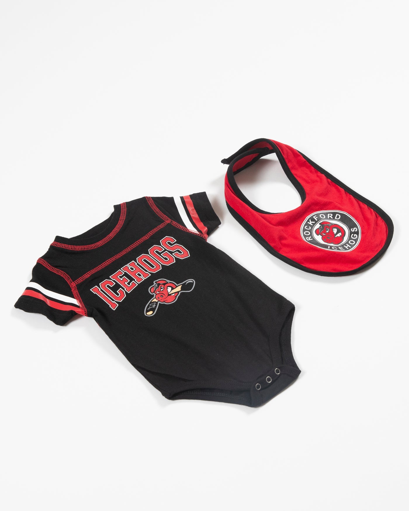 black and red Rockford IceHogs onesie and bib set - angled lay flat