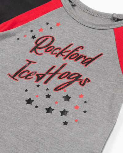 grey Colosseum youth shirt with Rockford IceHogs wordmark graphic with stars - detail lay flat