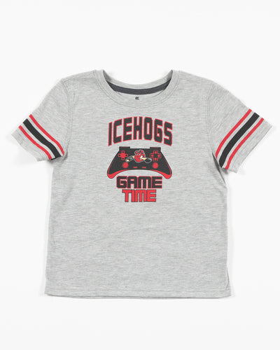 grey Colosseum youth tee with Rockford IceHogs Hammy and game controller inspired graphic across front - front lay flat