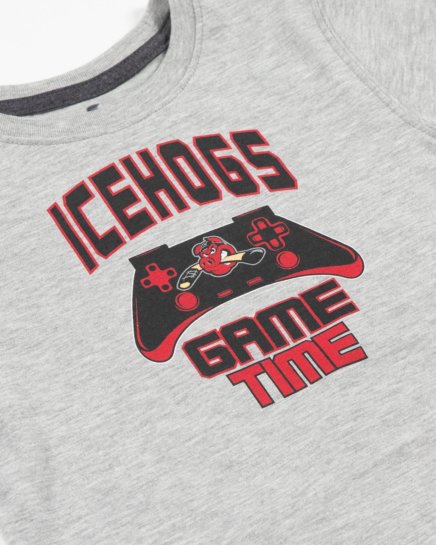 grey Colosseum youth tee with Rockford IceHogs Hammy and game controller inspired graphic across front - detail lay flat