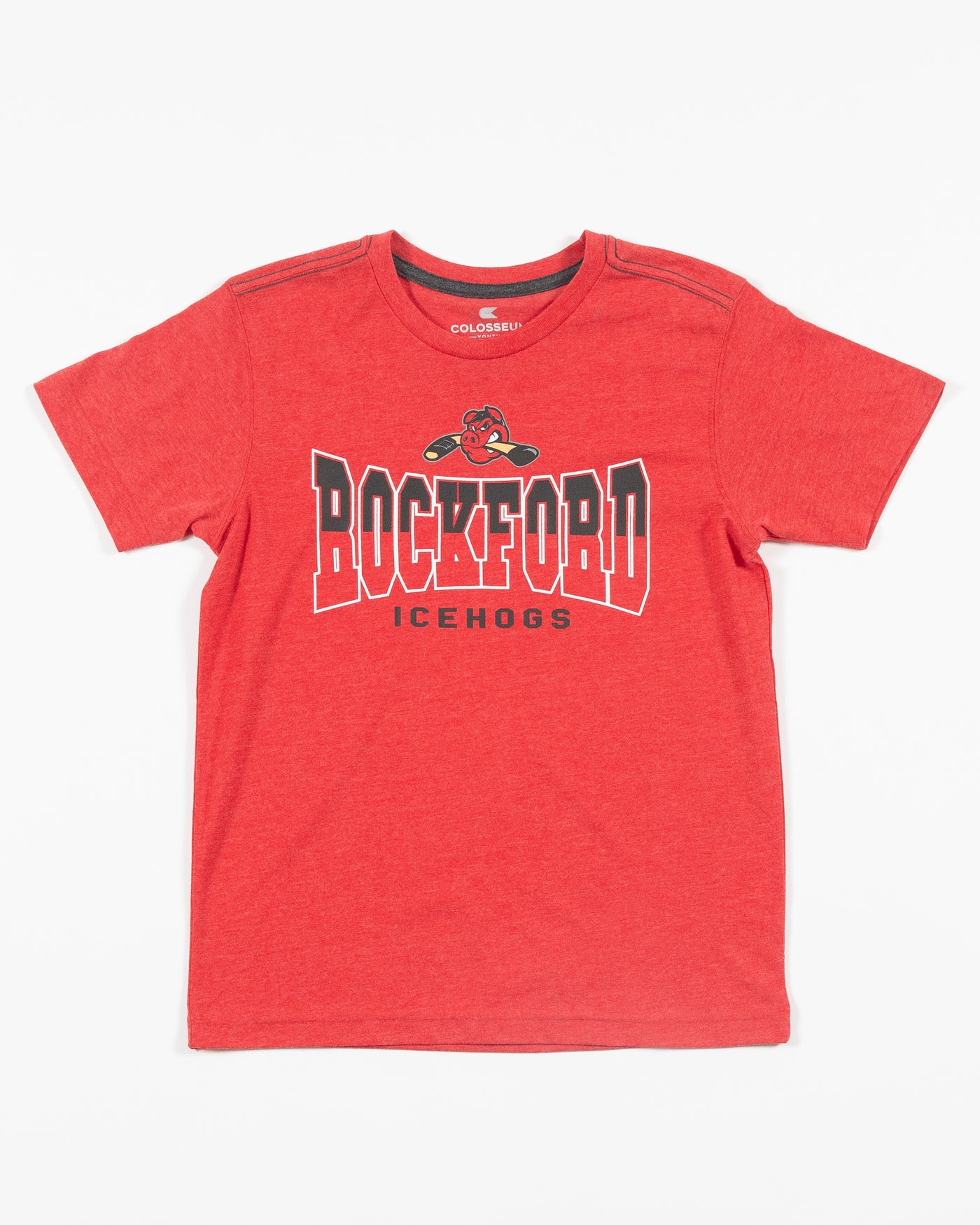 red Colosseum youth tee with Rockford IceHogs wordmark graphic and Hammy - front lay flat