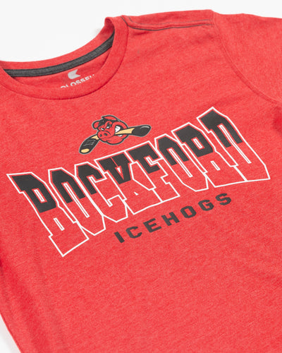 red Colosseum youth tee with Rockford IceHogs wordmark graphic and Hammy - detail lay flat
