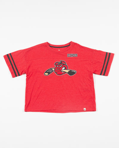 red ladies Colosseum cropped tee with Rockford IceHogs Hammy across front - front lay flat