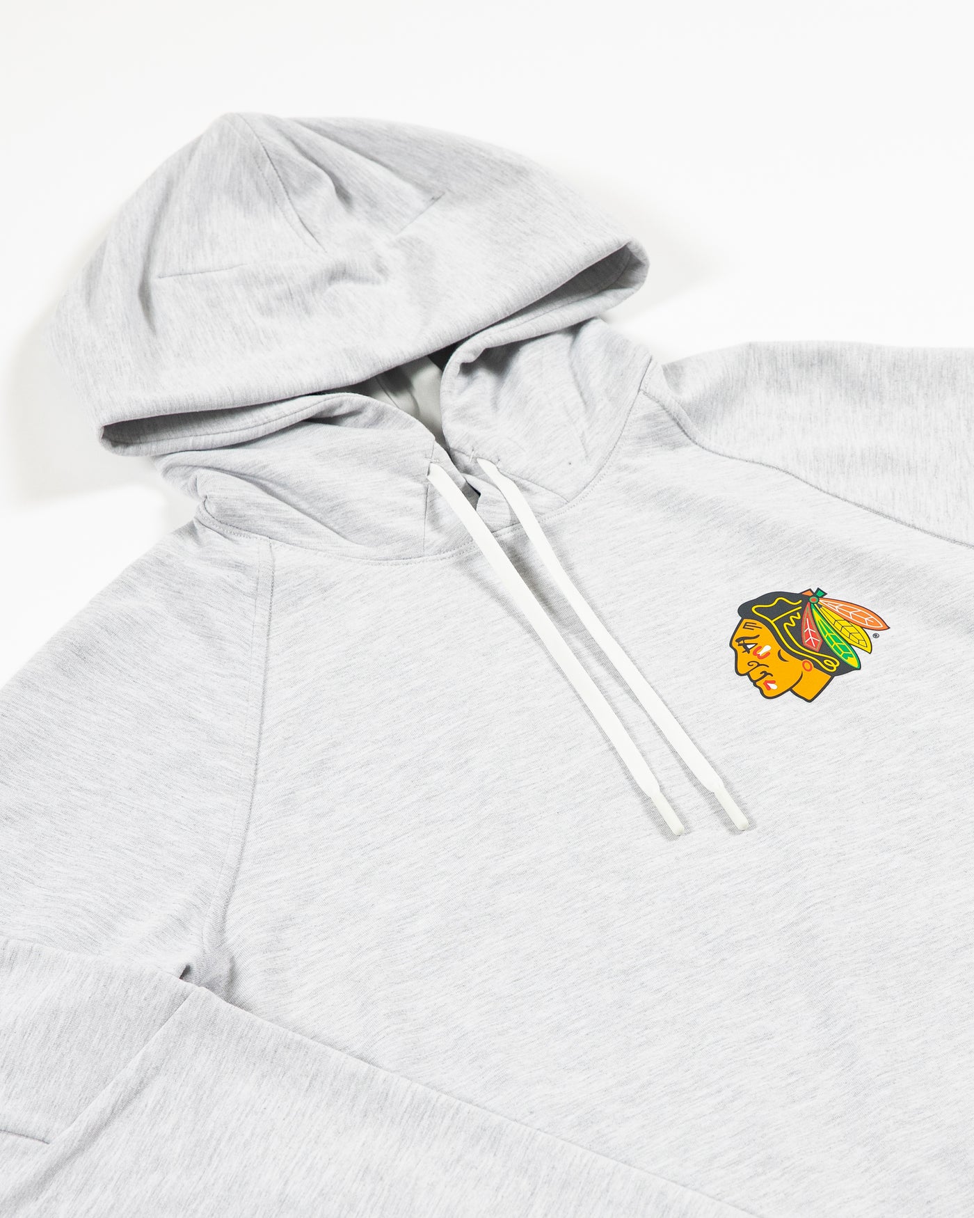 grey lululemon hoodie with Chicago Blackhawks primary logo on left chest - detail lay flat