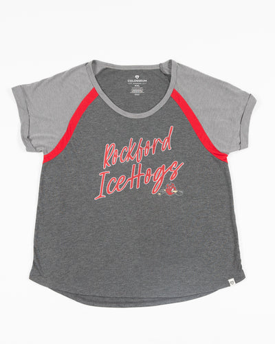 two tone grey ladies Colosseum tshirt with Rockford IceHogs wordmark graphic across chest - front lay flat