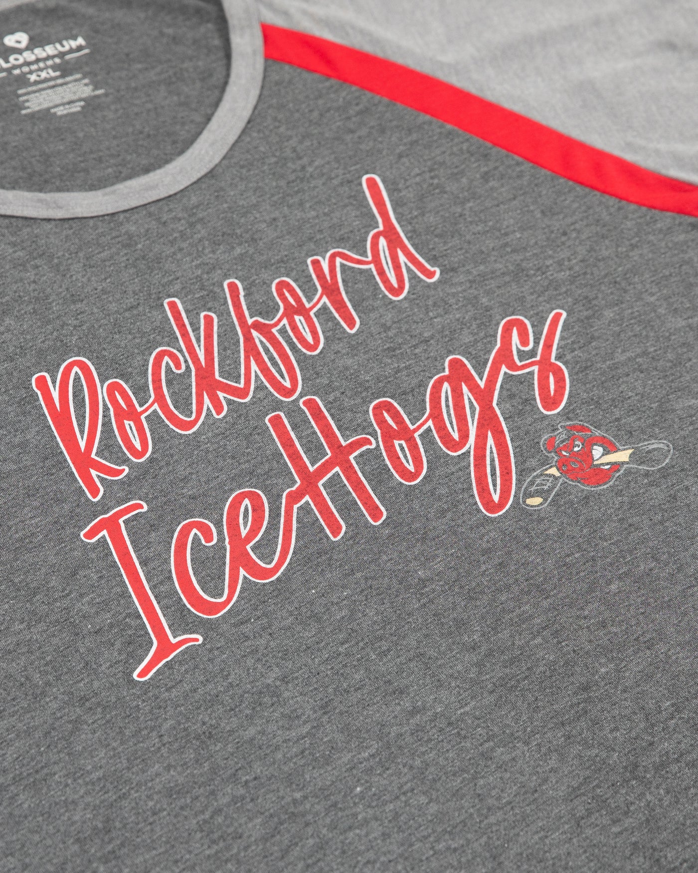 two tone grey ladies Colosseum tshirt with Rockford IceHogs wordmark graphic across chest - detail lay flat