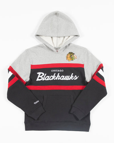 grey, black and red Mitchell & Ness youth hoodie with Chicago Blackhawks wordmark across chest and primary logo on left chest - front lay flat
