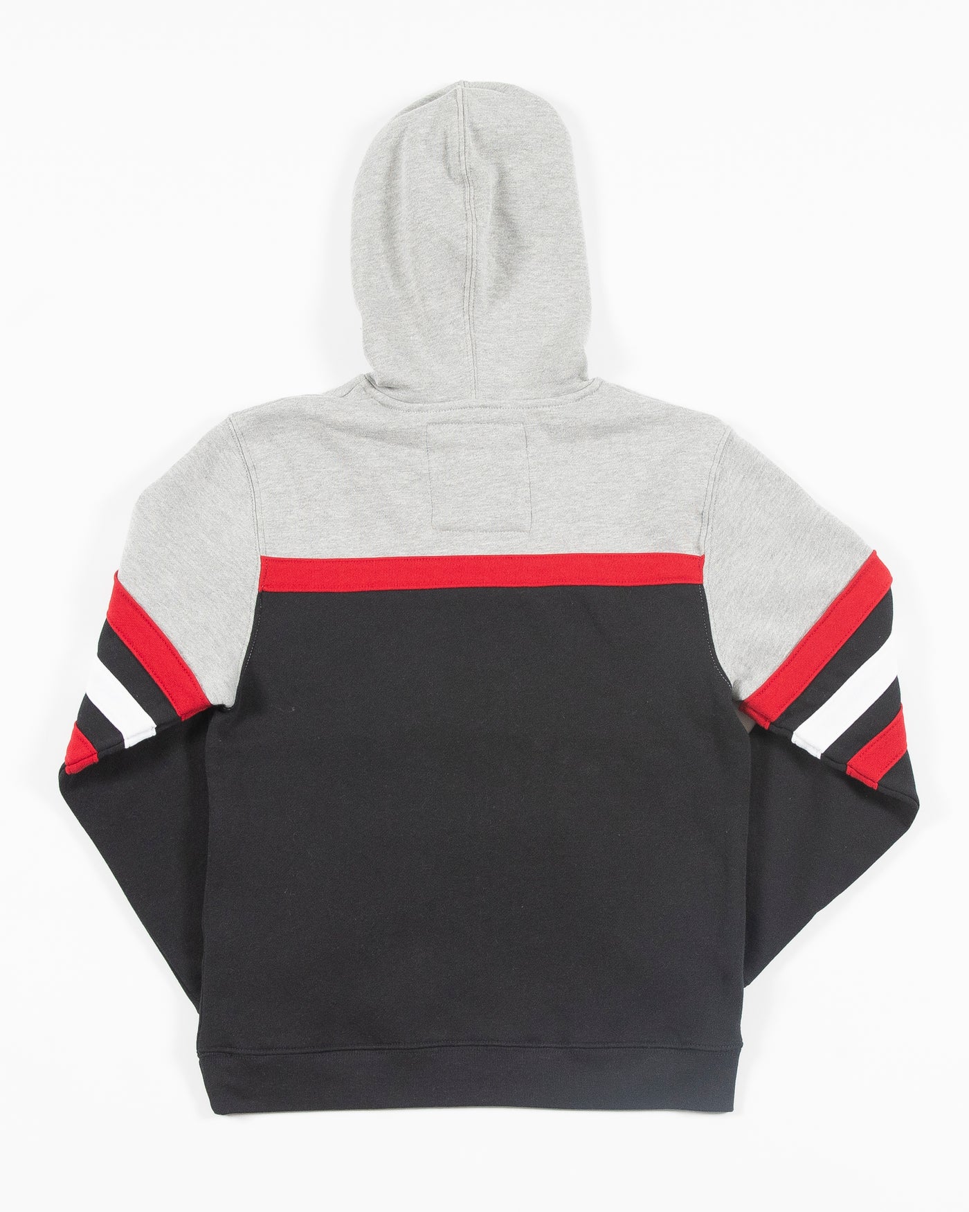 grey, black and red Mitchell & Ness youth hoodie with Chicago Blackhawks wordmark across chest and primary logo on left chest - back lay flat
