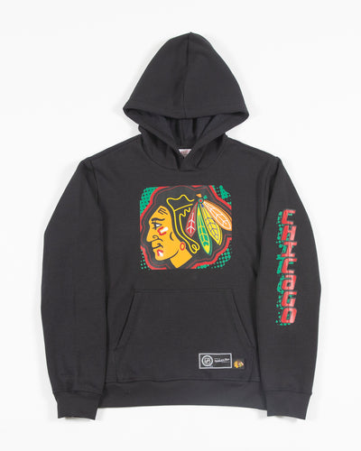 black Mitchell & Ness youth hoodie with Chicago Blackhawks primary logo across chest and Chicago wordmark along left sleeve - front lay flat