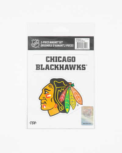 Two piece magnet set with Chicago Blackhawks wordmark graphic and Chicago Blackhawks primary logo - front lay flat