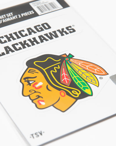 Two piece magnet set with Chicago Blackhawks wordmark graphic and Chicago Blackhawks primary logo - detail lay flat