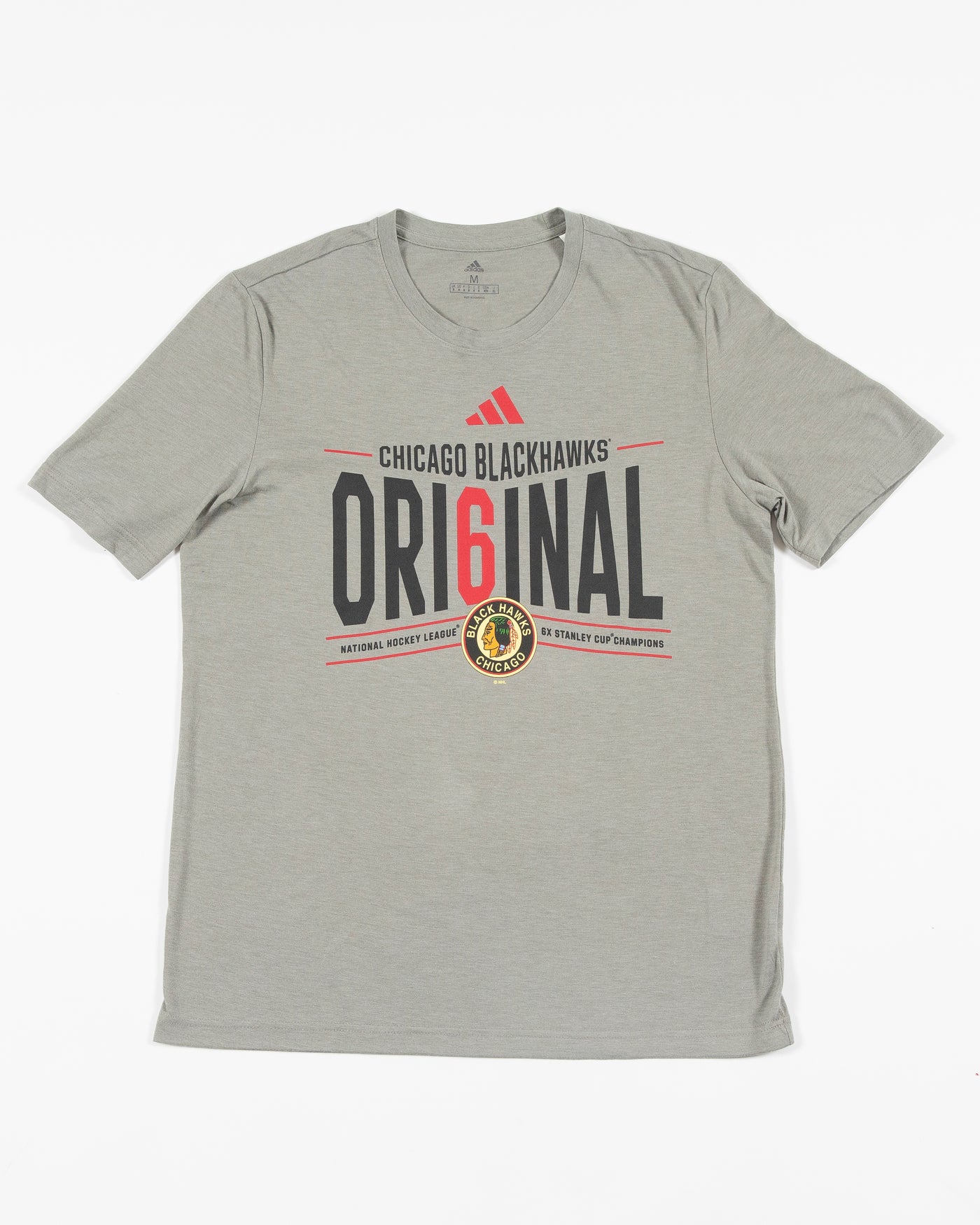grey adidas t-shirt with vintage Chicago Blackhawks primary logo and Original 6 graphic across chest - front lay flat