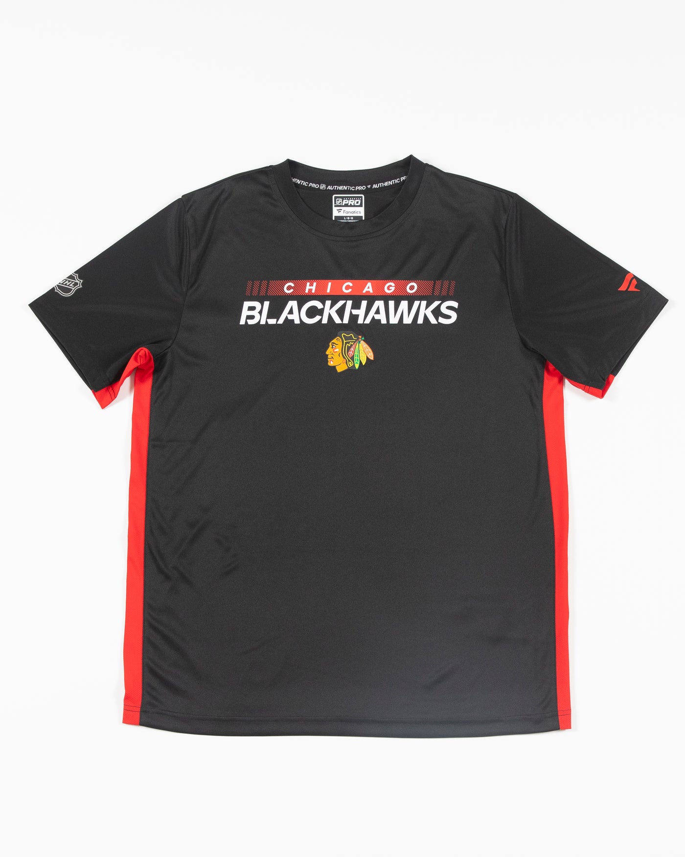 Fanatics Authentic Pro black t-shirt with Chicago Blackhawks wordmark and primary logo graphic across chest - front lay flat