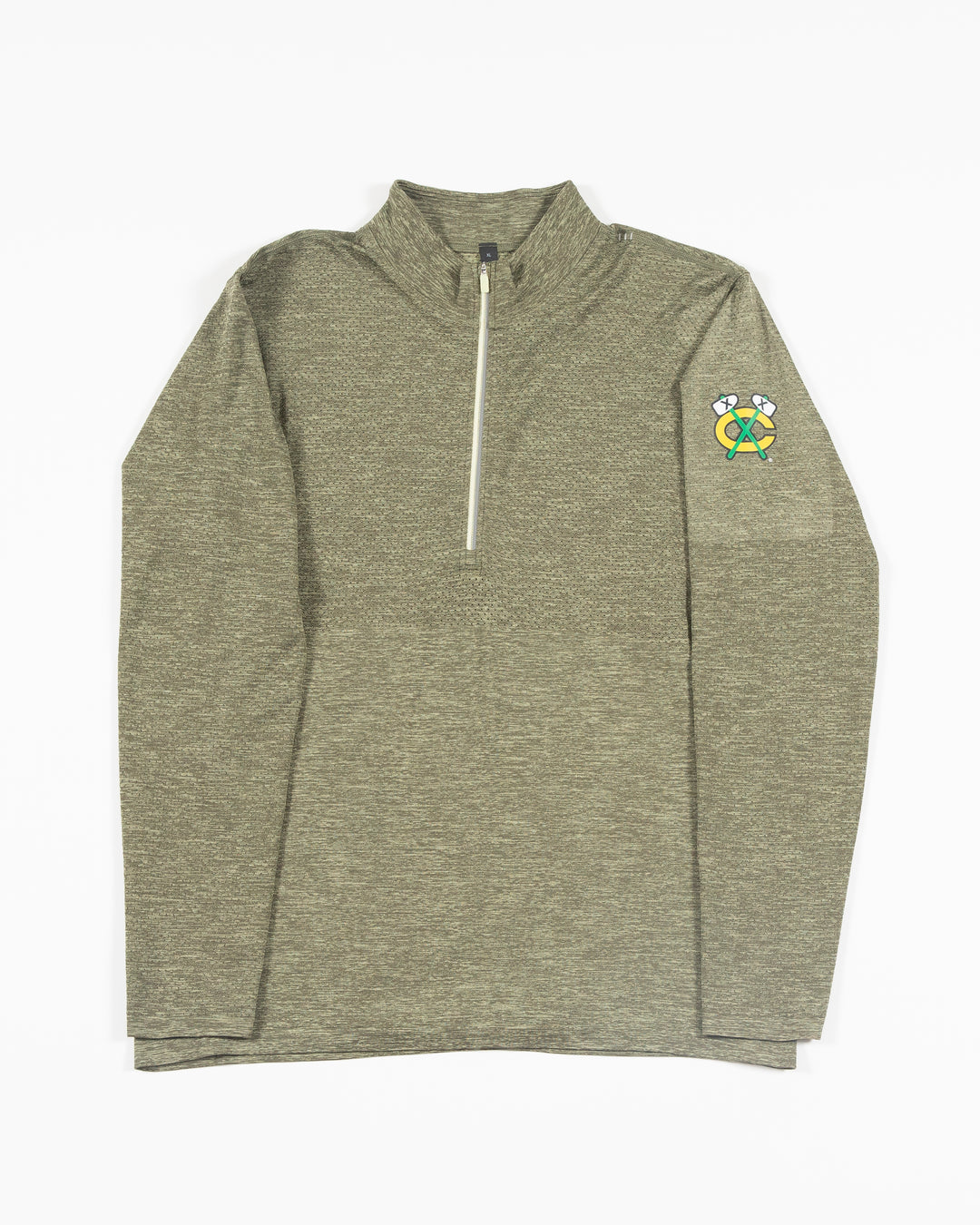 green lululemon half zip jacket with Chicago Blackhawks secondary logo on left shoulder - front lay flat
