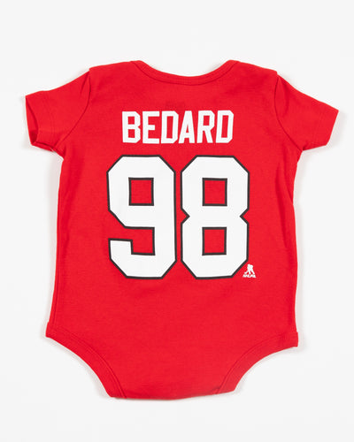 Red Outerstuff newborn onesie with Bedard 98 on back - back lay flat