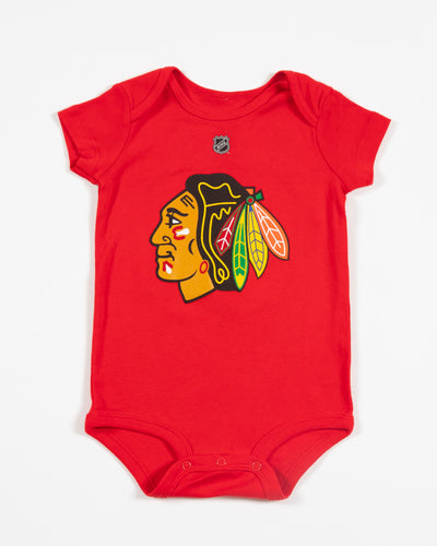 Red Outerstuff Chicago Blackhawks onesie with Bedard 98 on back and primary logo across front - front lay flat