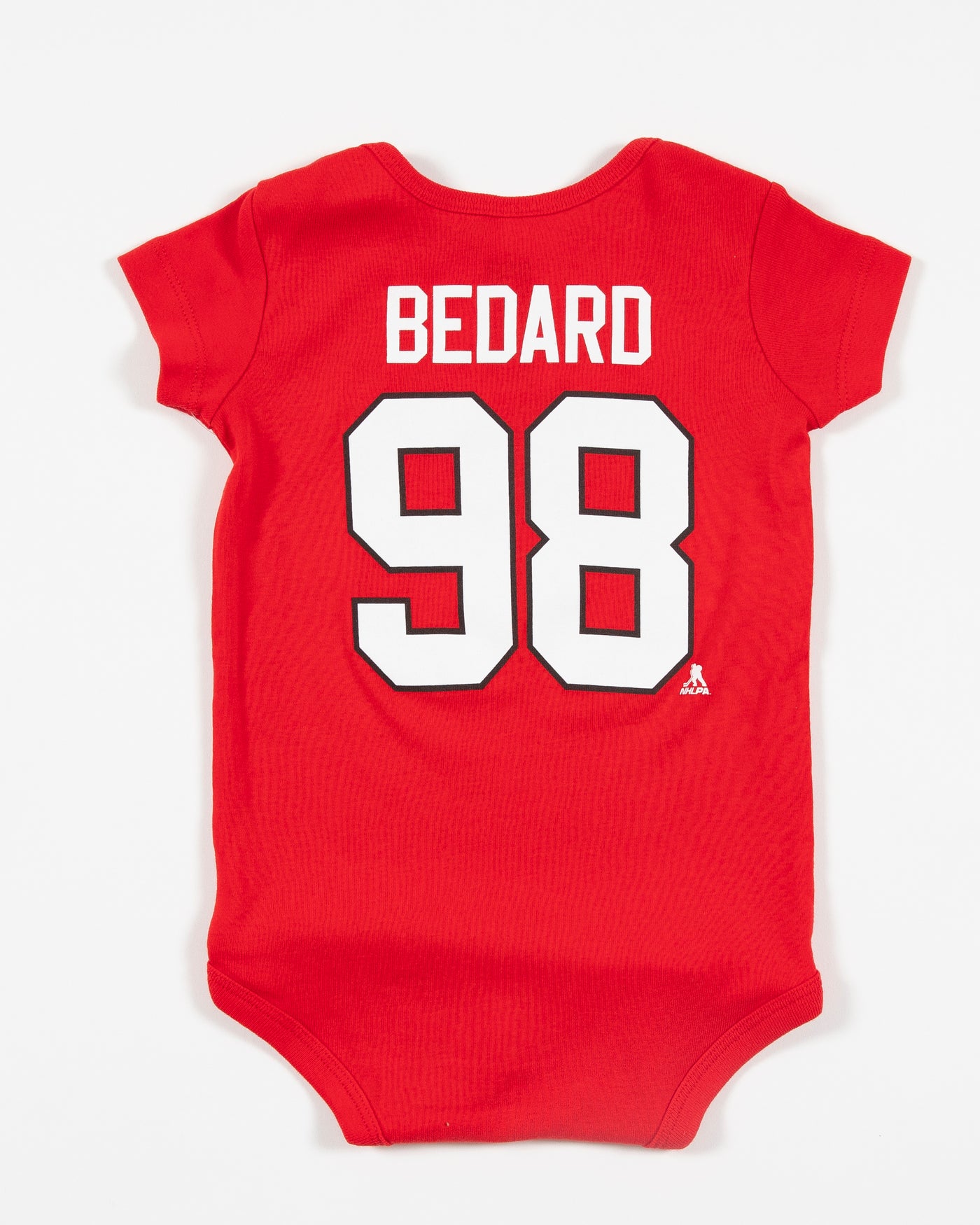 Red Outerstuff Chicago Blackhawks onesie with Bedard 98 on back and primary logo across front - back lay flat