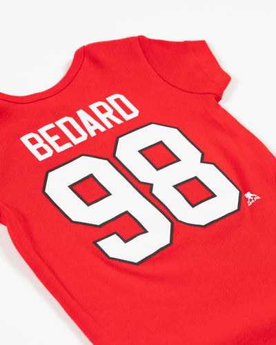Red Outerstuff Chicago Blackhawks onesie with Bedard 98 on back and primary logo across front - back detail lay flat