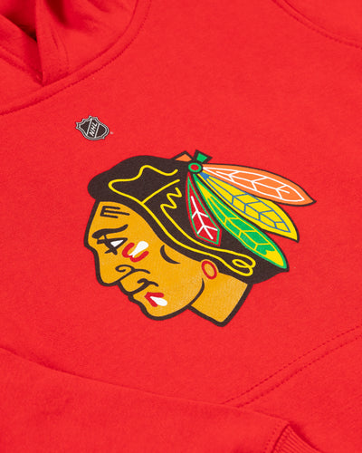 Red Outerstuff Chicago Blackhawks Connor Bedard youth player hoodie - detail front lay flat