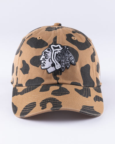 camel '47 brand women's adjustable cap with all over pattern and embroidered tonal Chicago Blackhawks primary logo across front - front lay flat 