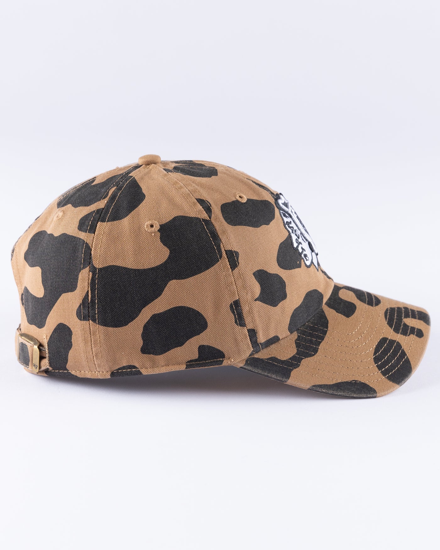 camel '47 brand women's adjustable cap with all over pattern and embroidered tonal Chicago Blackhawks primary logo across front - right side lay flat 