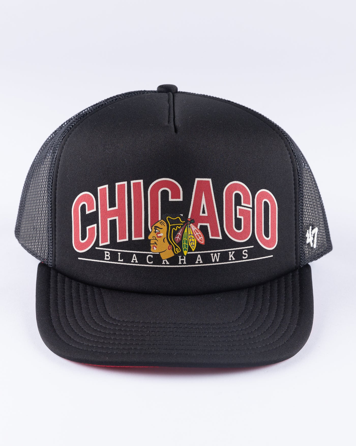 black '47 brand trucker with Chicago Blackhawks wordmark and primary logo across front panel - front lay flat