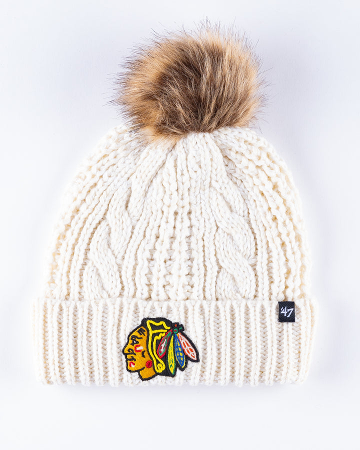 white '47 brand knit beanie with pom and Chicago Blackhawks primary logo embroidered on cuff - front lay flat