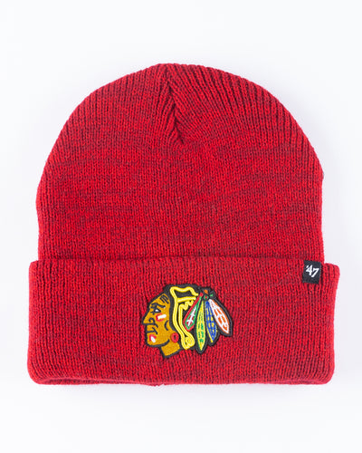 red '47 brand knit beanie with Chicago Blackhawks primary logo embroidered on front - front lay flat