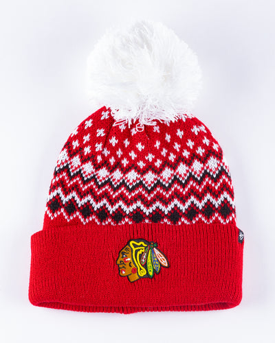 red patterned '47 brand knit beanie with white pom and embroidered Chicago Blackhawks primary logo across cuff - front lay flat