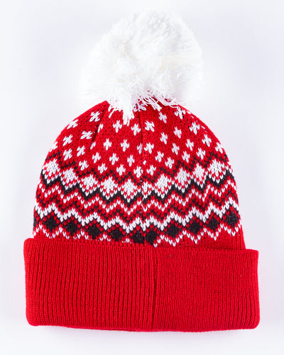 red patterned '47 brand knit beanie with white pom and embroidered Chicago Blackhawks primary logo across cuff - back lay flat