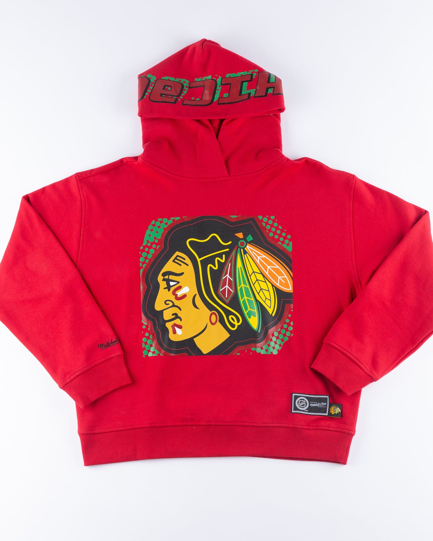 red women's Mitchell & Ness crop hoodie with Chicago Blackhawks primary logo across front and Chicago wordmark on hood - front lay flat
