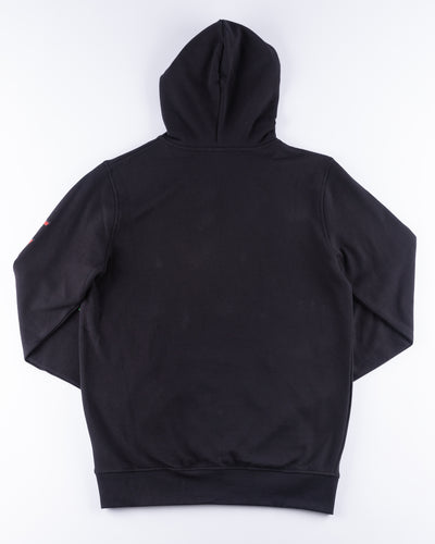 black Mitchell & Ness hoodie with Chicago Blackhawks primary logo across front and Chicago wordmark on left arm - back lay flat