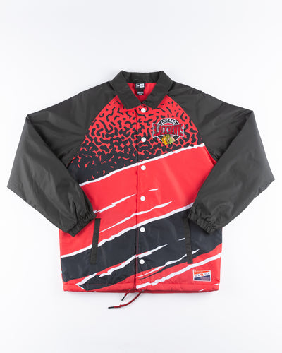 black and red New Era vintage coach inspired jacket with Chicago Blackhawks graphics on left chest and back - front lay flat