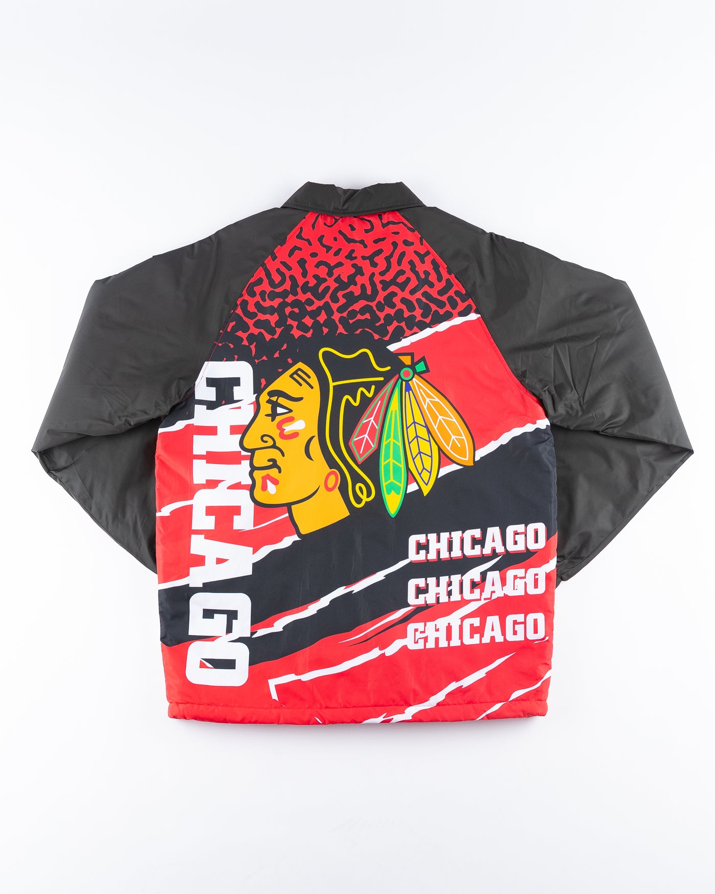 black and red New Era vintage coach inspired jacket with Chicago Blackhawks graphics on left chest and back - back lay flat
