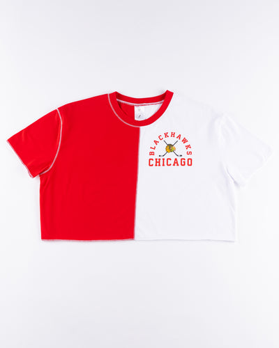red and white Zoozats colorblock ladies cropped tee with Chicago Blackhawks graphic on left chest - front lay flat 